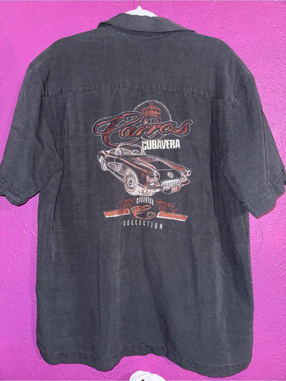 Vintage Cubavera Men's L Black Button-Up Shirt Pockets Embroidered Cars Graphic